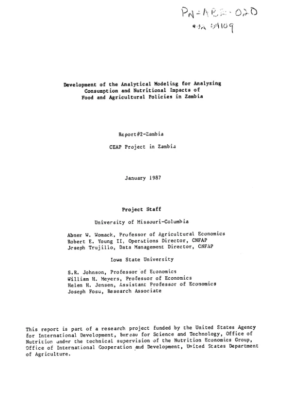Development of the analytical modeling for analyzing consumption and nutritional impacts of food and agricultural policies in Zambia
