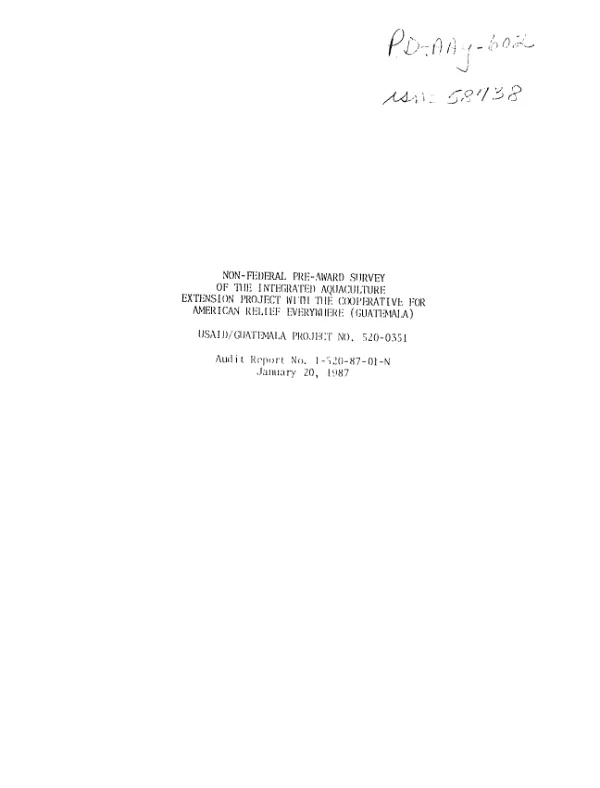 Non-federal pre-award survey of the integrated aquaculture extension project with the Cooperative for American Relief Everywhere (Guatemala), USAID/Guatemala project no. 520-0351