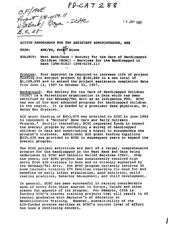 Action memorandum for the Assistant Administrator, ANE [: West Bank/Gaza - Society for the Care of Handicapped Children (SCHC) - services for the handicapped in Gaza (298-0182) (298-0159.11) -- amendment]