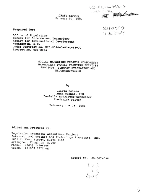 Social marketing project component : Bangladesh family planning services project: summary evaluation and recommendations