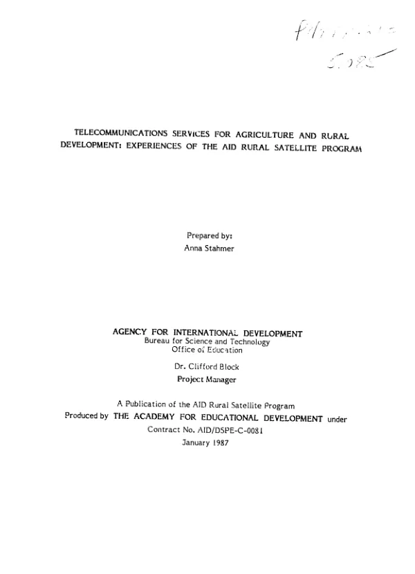 Telecommunications services for agriculture and rural development : experiences of the AID rural satellite program