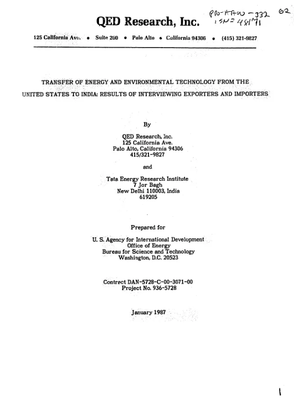 Transfer of energy and environmental technology from the United States to India : results of interviewing exporters and importers