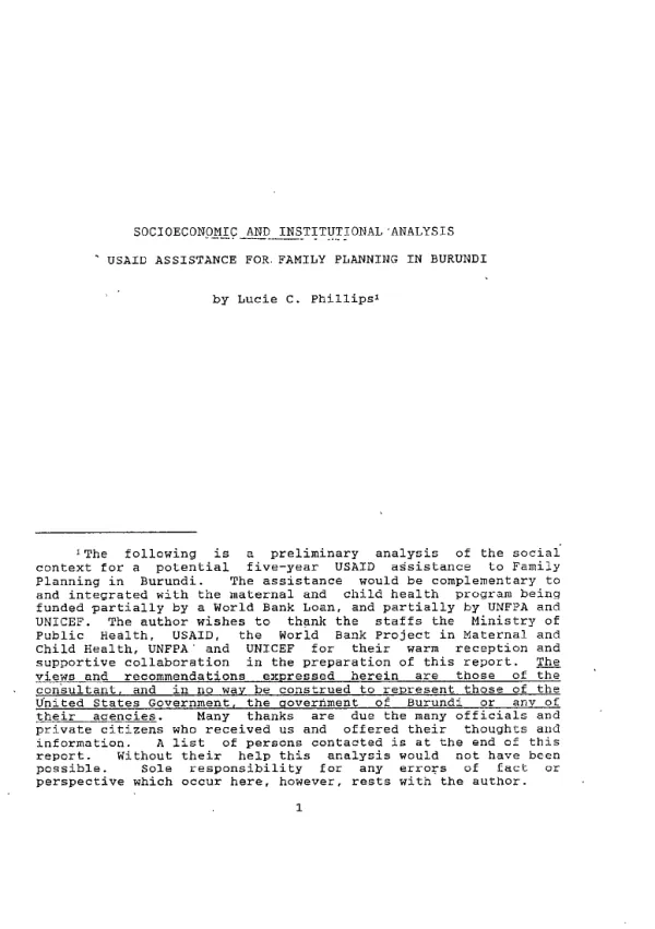 Socioeconomic and institutional analysis : USAID assistance for family planning in Burundi