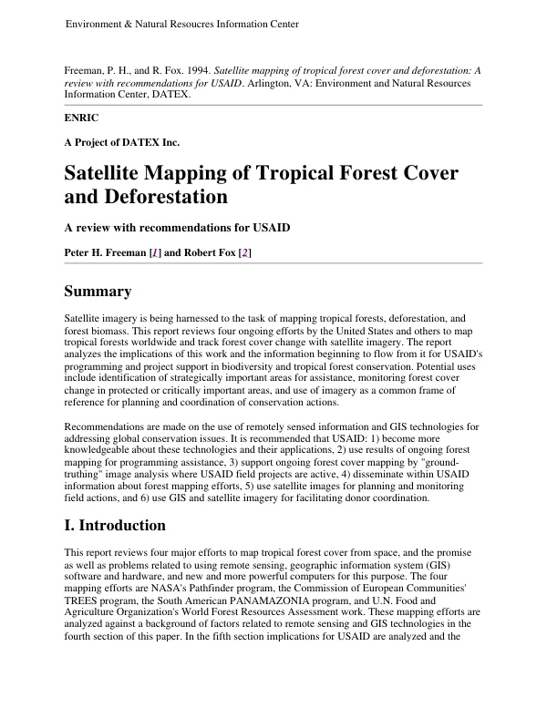 Satellite mapping of tropical forest cover and deforestation : a review with recommendations for USAID