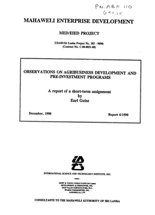 Observations on agribusiness development and pre-investment programs