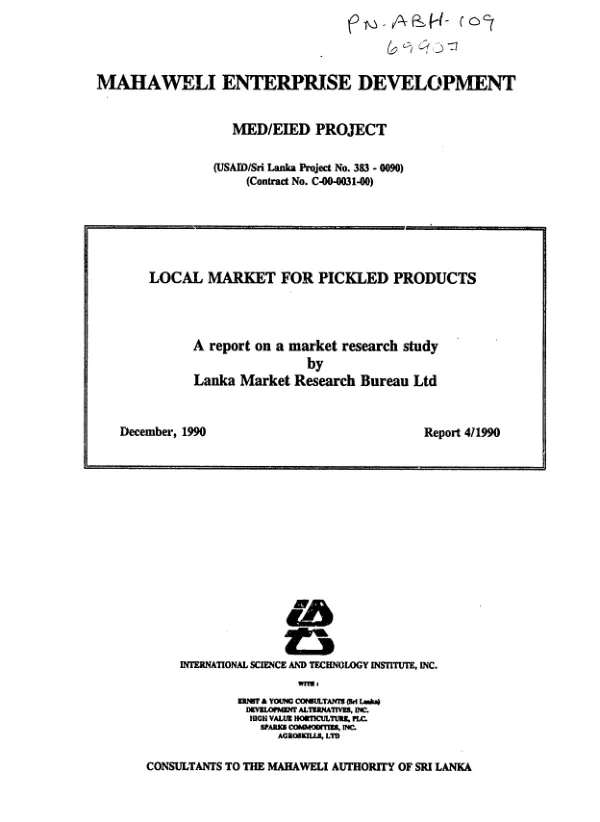 Local market for pickled products : a report on a market research study