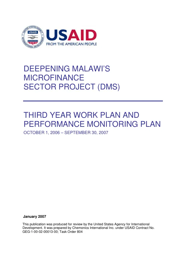 Deepening Malawi"s microfinance sector project (DMS) : third year work plan and performance monitoring plan, October 1, 2006-September 30, 2007