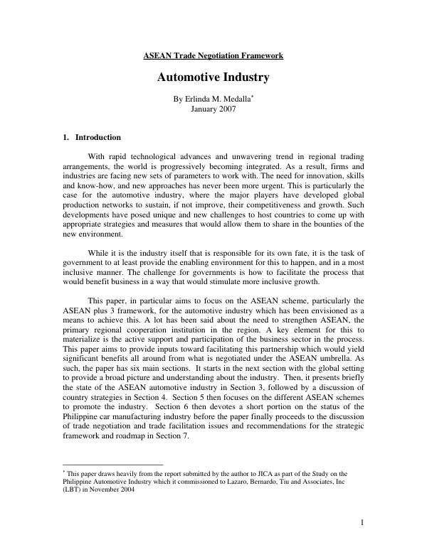 ASEAN trade negotiation framework : automative industry
