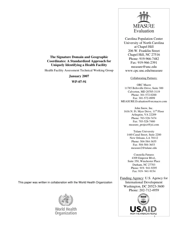 The signature domain and geographic coordinates : a standardized approach for uniquely identifying a health facility