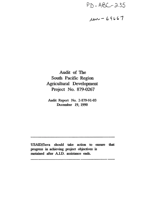 Audit of the South Pacific region agricultural development project no. 879-0267