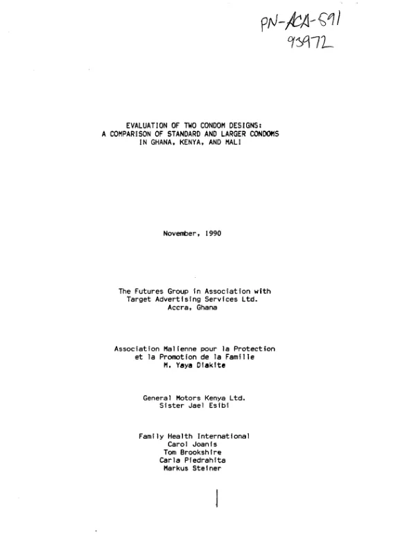 Evaluation of two condom designs : a comparison of standard and larger condoms in Ghana, Kenya, and Mali
