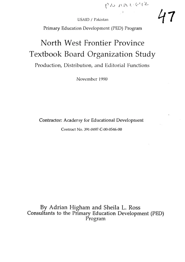 North West Frontier Province textbook board organization study : production, distribution, and editorial functions