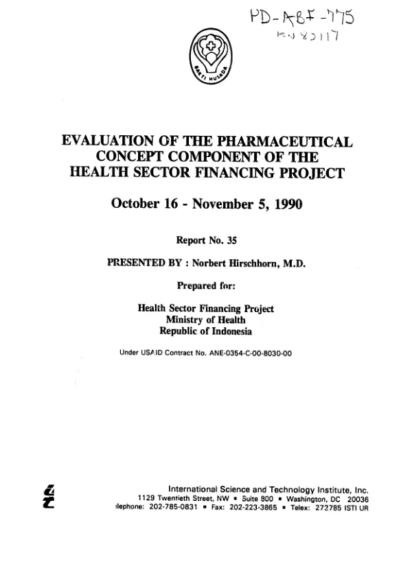 Evaluation of the pharmaceutical concept component of the health sector financing project : October 16-November 5, 1990