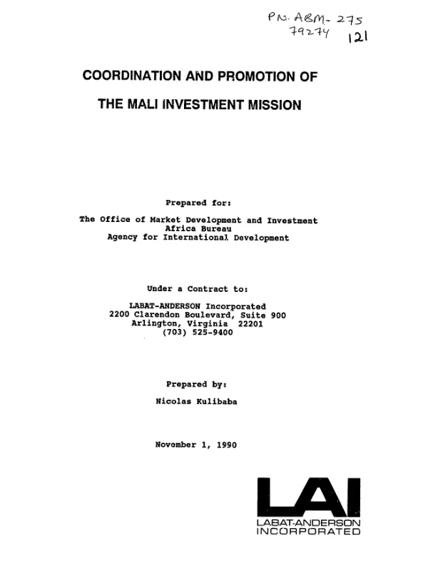 Coordination and promotion of the Mali investment mission