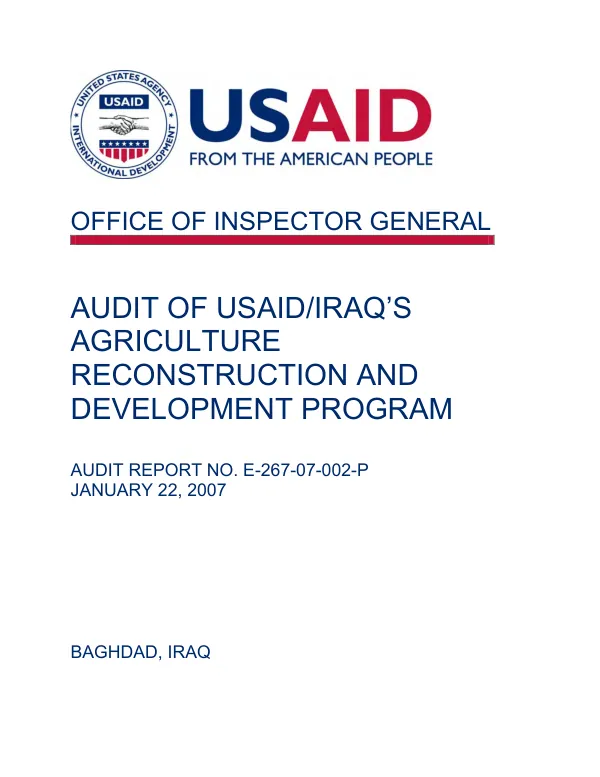 Audit of USAID/Iraq"s agriculture reconstruction and development program