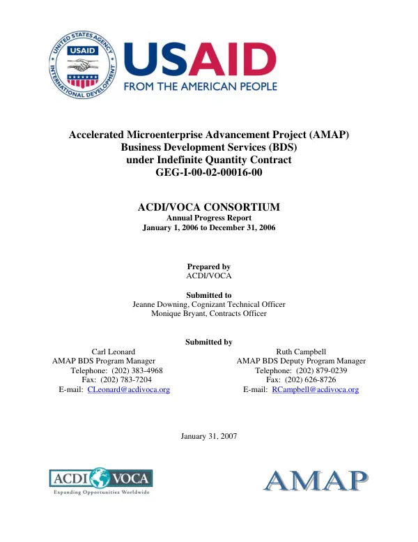 Accelerated microenterprise advancement project (AMAP), business development services (BDS) under indefinite quantity contract GEG-I-00-02-00016-00 : ACDI/VOCA Consortium -- annual progress report, January 1, 2006 to December 31, 2006