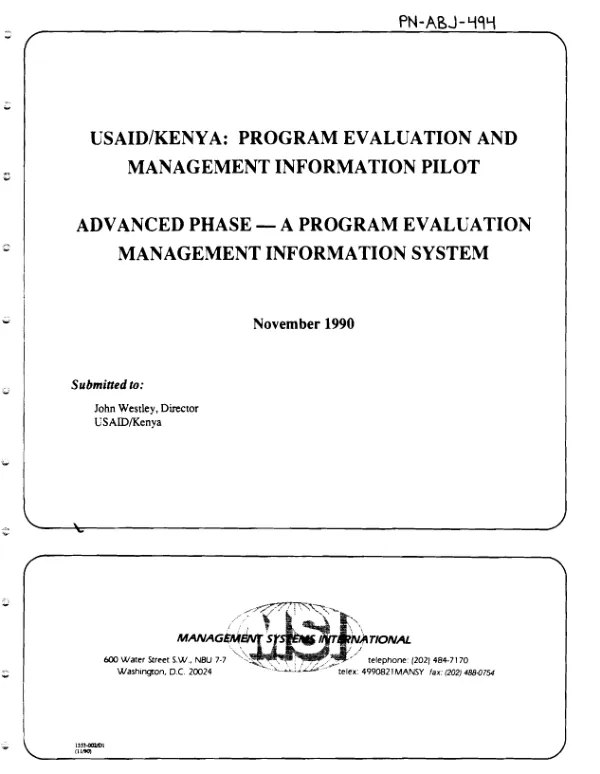USAID/Kenya : program evaluation and management information pilot -- advanced phase -- a program evaluation management information system