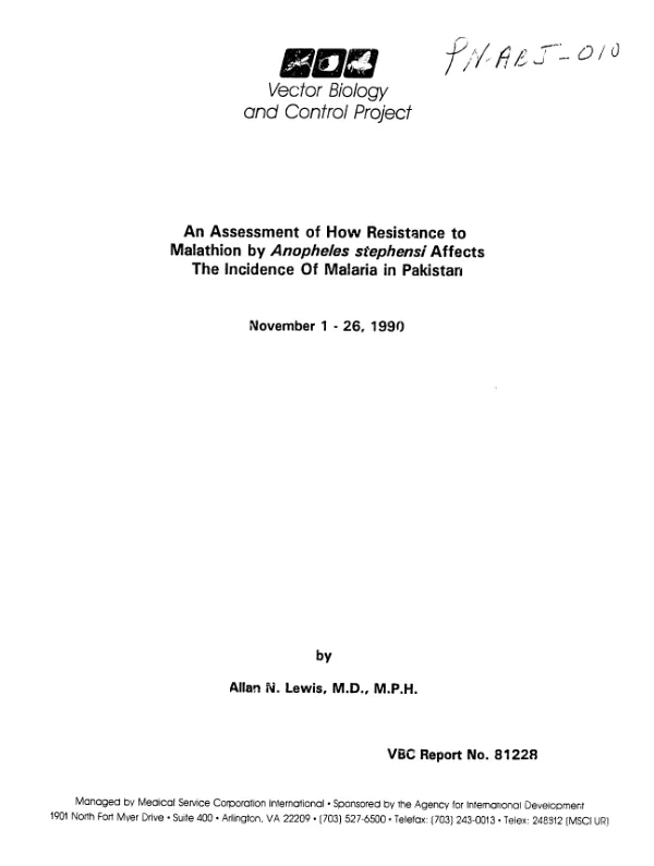 Assessment of how resistance to malathion by Anopheles stephensi affects the incidence of malaria in Pakistan, [November 1-26, 1990]