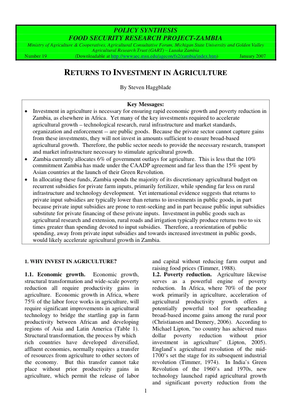 Returns to investment in agriculture
