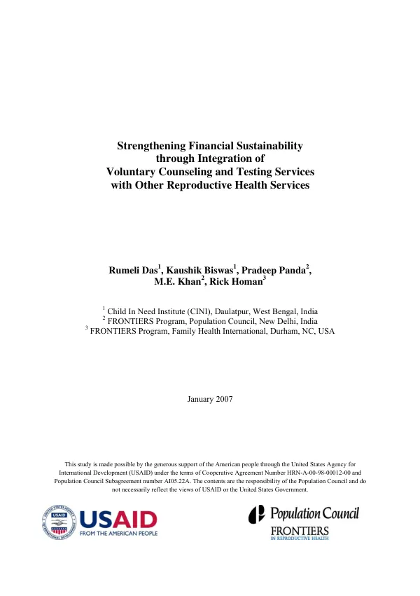 Strengthening financial sustainablilty through integration of voluntary counseling and testing services with other reproductive health services