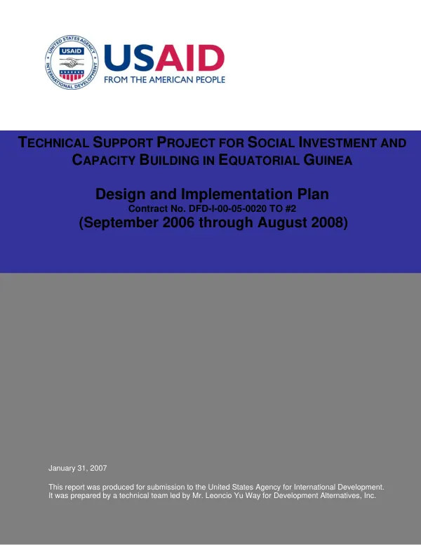Technical support project for social investment and capacity building in Equatorial Guinea : design and implementation plan (September 2006 through August 2008)