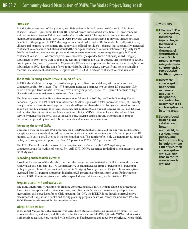 Brief 7 : community-based distribution of DMPA -- the Matlab project, Bangladesh