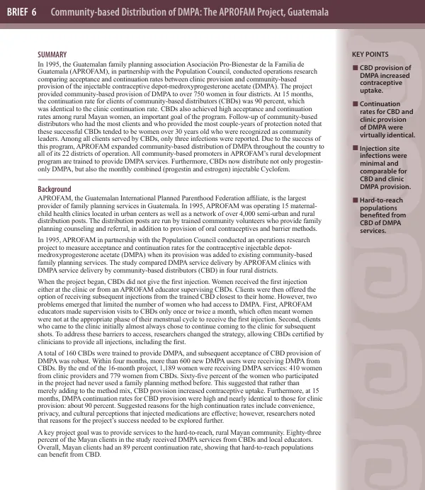 Brief 6 : community-based distribution of DMPA -- the APROFAM project, Guatemala