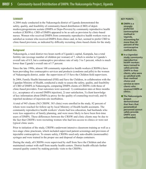 Brief 5 : community-based distribution of DMPA -- the Nakasongola project, Uganda