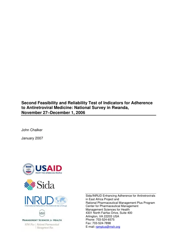 Second feasibility and reliability test of indicators for adherence to antiretroviral medicine : national survey in Rwanda, November 27-December 1, 2006