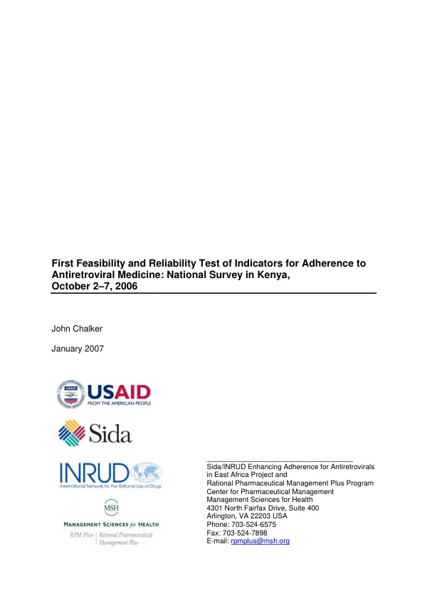 First feasibility and reliability test of indicators for adherence to antiretroviral medicine : national survey in Kenya, October 2-7, 2006