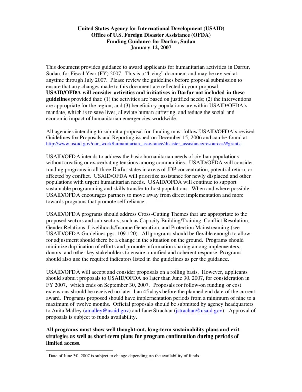 United States Agency for International Development (USAID) Office of U.S. Foreign Disaster Assistance (OFDA) funding guidance for Darfur, Sudan