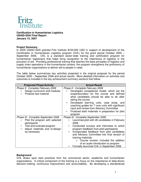 Certification in humanitarian logistics : USAID-GDA -- final report