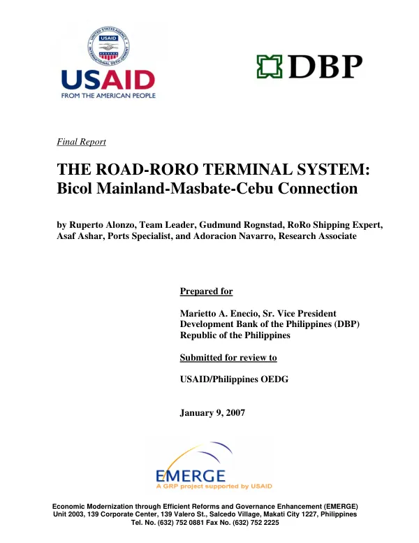 Final report : the Road-Roro terminal system : Bicol Mainland-Masbate-Cebu connection