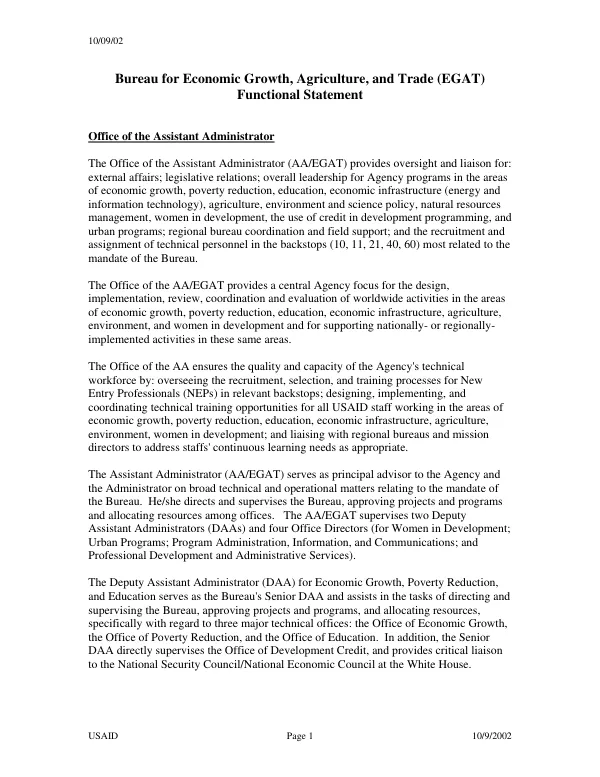 Bureau for Economic Growth, Agriculture, and Trade (EGAT) functional statement