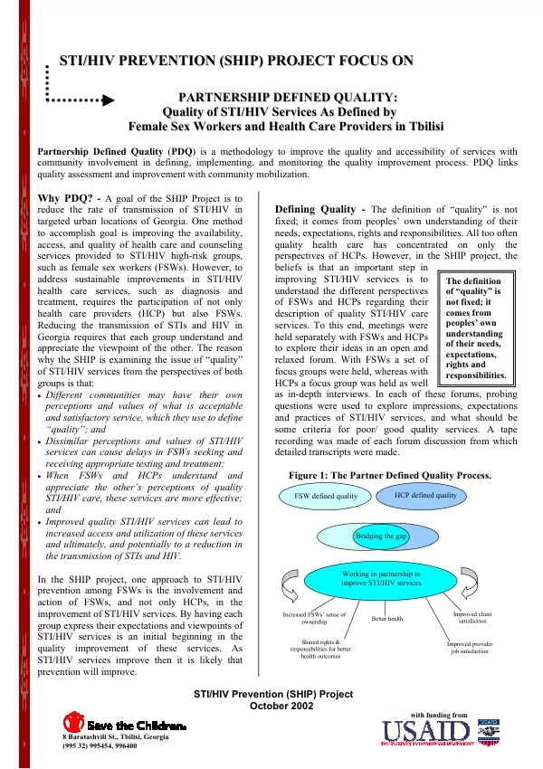 STI/HIV prevention (SHIP) project focus on partnership defined quality : quality of STI/HIV series defined by female sex workers and health care providers in Tbilisi