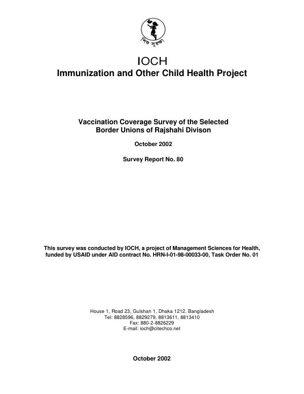 Vaccination coverage survey of the selected border unions of Rajshahi division, October 2002