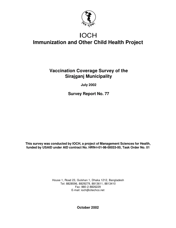 Vaccination coverage survey of the Sirajganj Municipality, July 2002