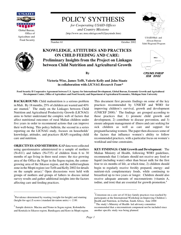 Knowledge, attitudes and practices on child feeding and care : preliminary insights from the project on linkages between child nutrition and agricultural growth