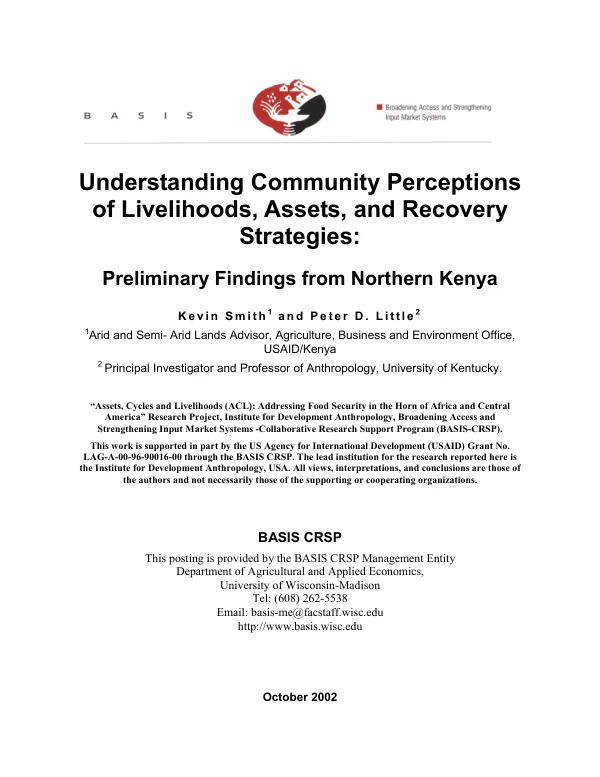 Understanding community perceptions of livelihoods, assets, and recovery strategies : preliminary findings from Northern Kenya