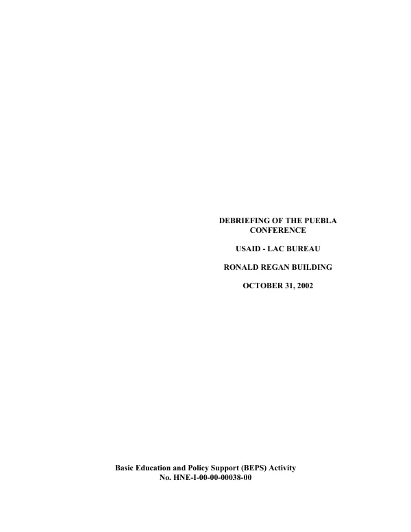 Debriefing of the Puebla conference : USAID-LAC Bureau, Ronald Regan Building, October 31, 2002