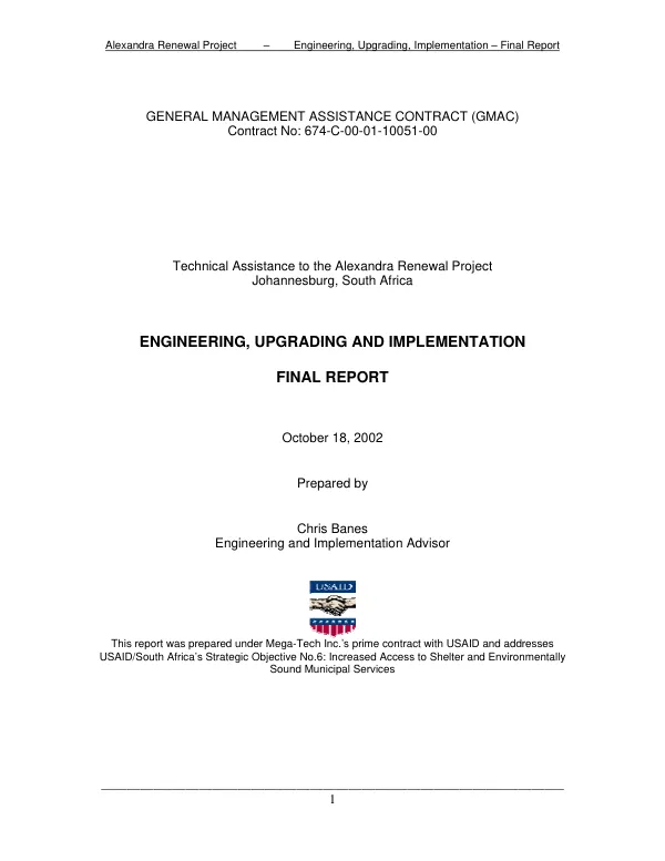 Technical assistance to the Alexandra renewal project, Johannesburg, South Africa : engineering, upgrading and implementation -- final report