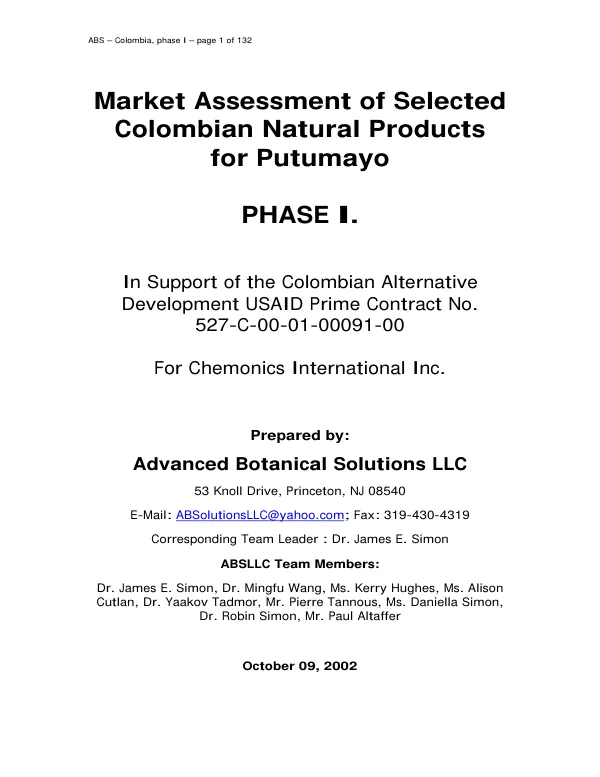 Market assessment of selected Colombian natural products for Putumayo : phase I