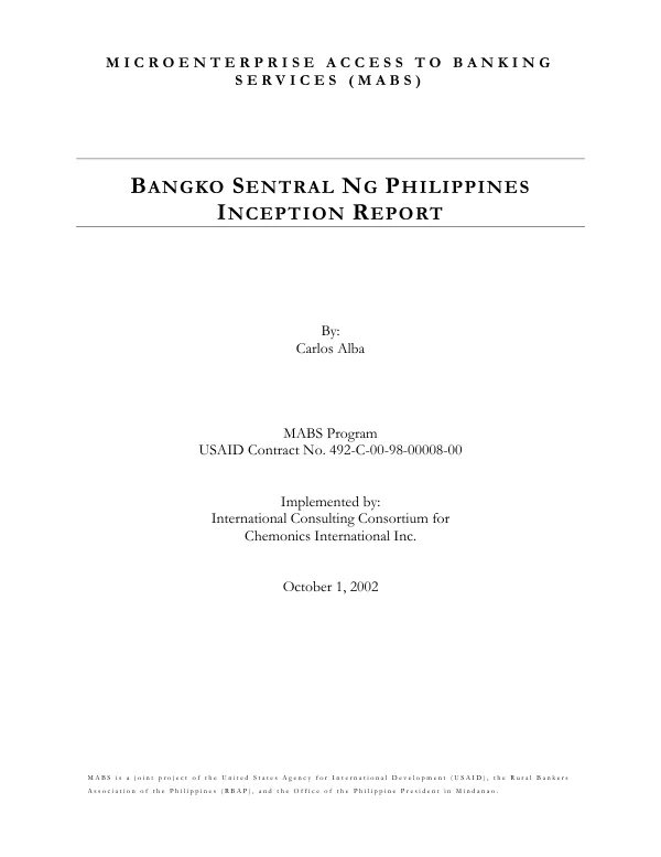 The Philippines : regulation and supervision of microfinance operations of rural, thrift and commercial banks -- inception report