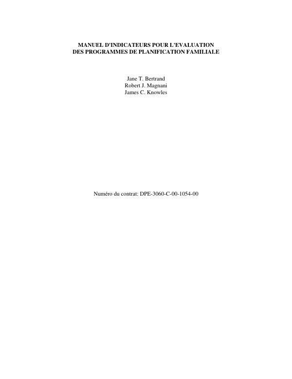 Manuel d"indicateurs pour l"evaluation des programmes de planification familiale