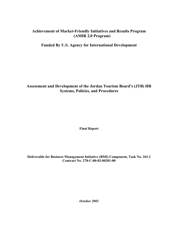 Assessment and development of the Jordan Tourism Board"s (JTB) HR (human resources) systems, policies and procedures : final report
