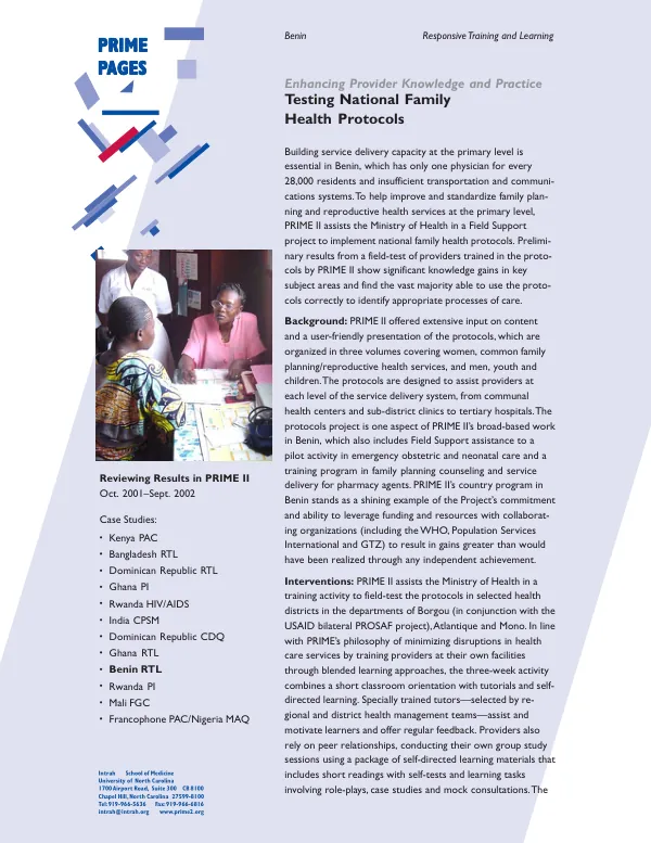 Benin : responsive training and learning -- enhancing provider knowledge and practice : testing national family health protocols