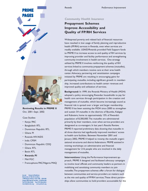 Rwanda : performance improvement -- community health insurance : prepayment schemes improve accessibility and quality of FP/RH services
