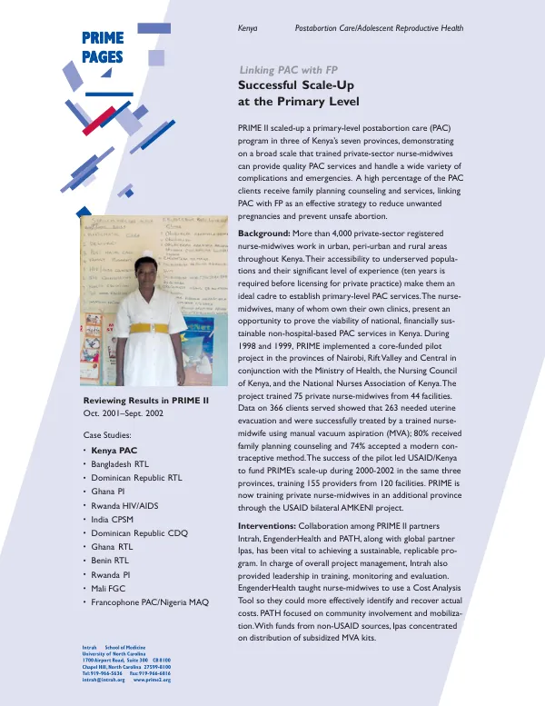 Kenya : postabortion care/adolescent reproductive health -- linking PAC with FP : successful scale-up at the primary level