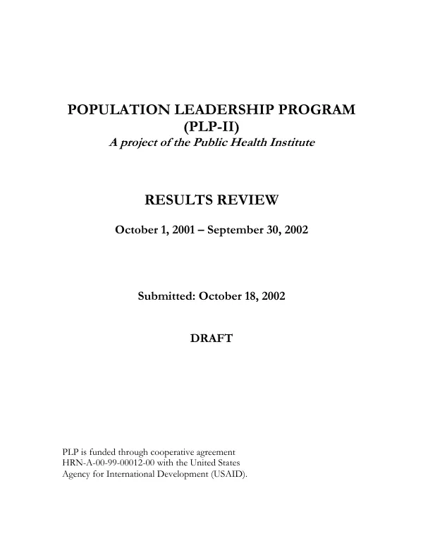 Population leadership program (PLP-II) : results review -- October 1, 2001-September 30, 2002