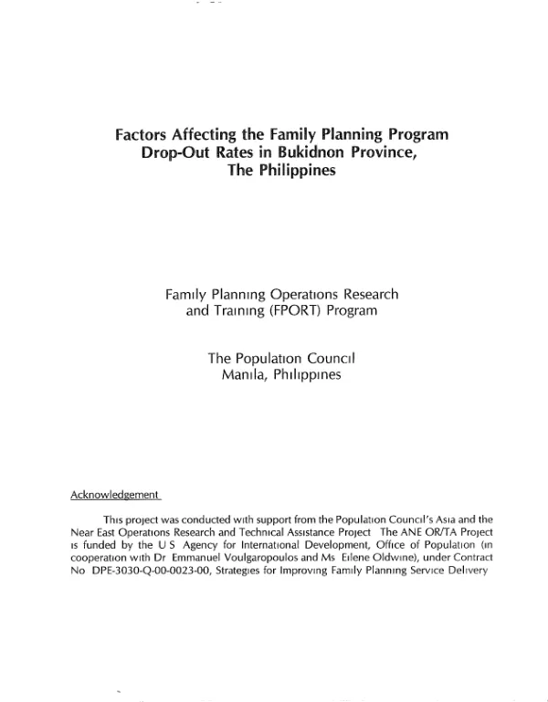 Factors affecting the family planning program drop-out rates in Bukidnon province, the Philippines